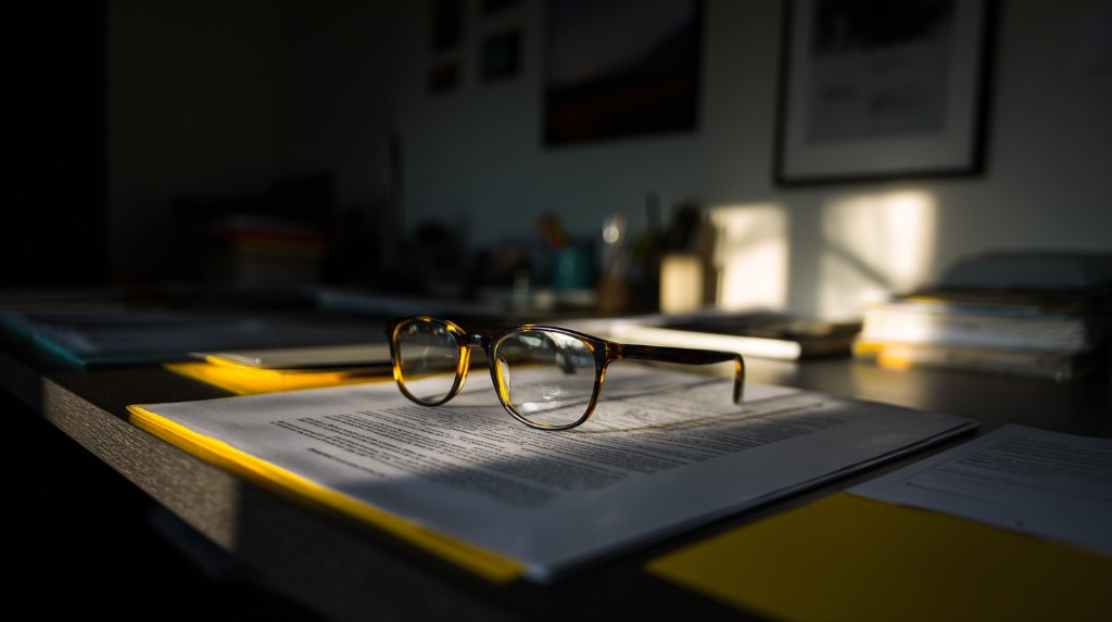 Eyeglasses resting on editorial documents in warm office light
