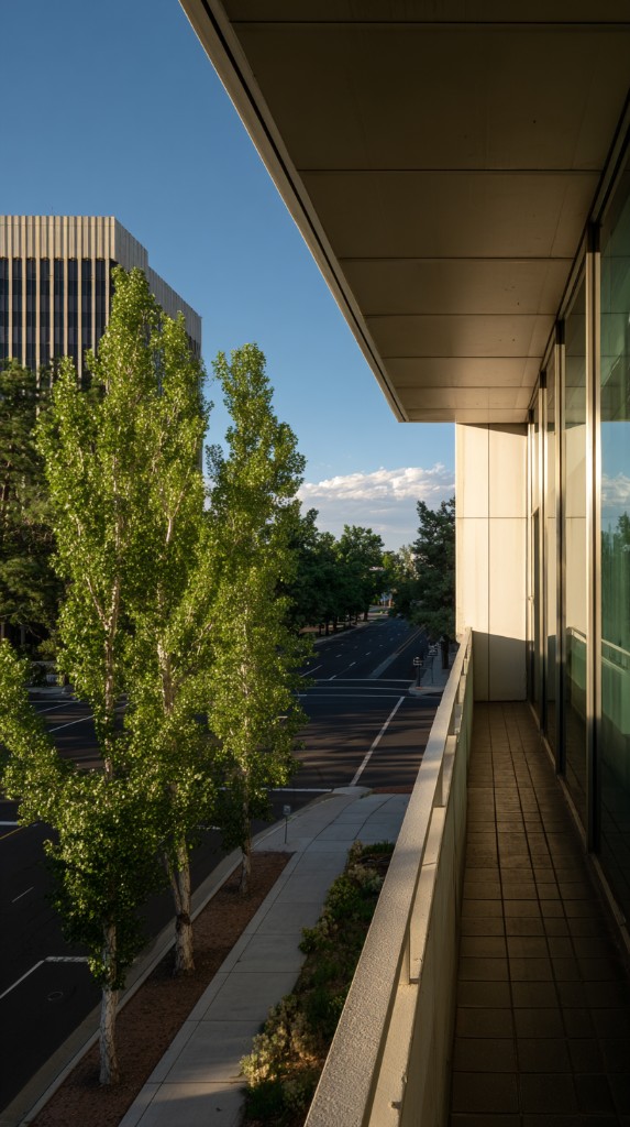 Balcony view of a tree-lined city street beside a modern office building