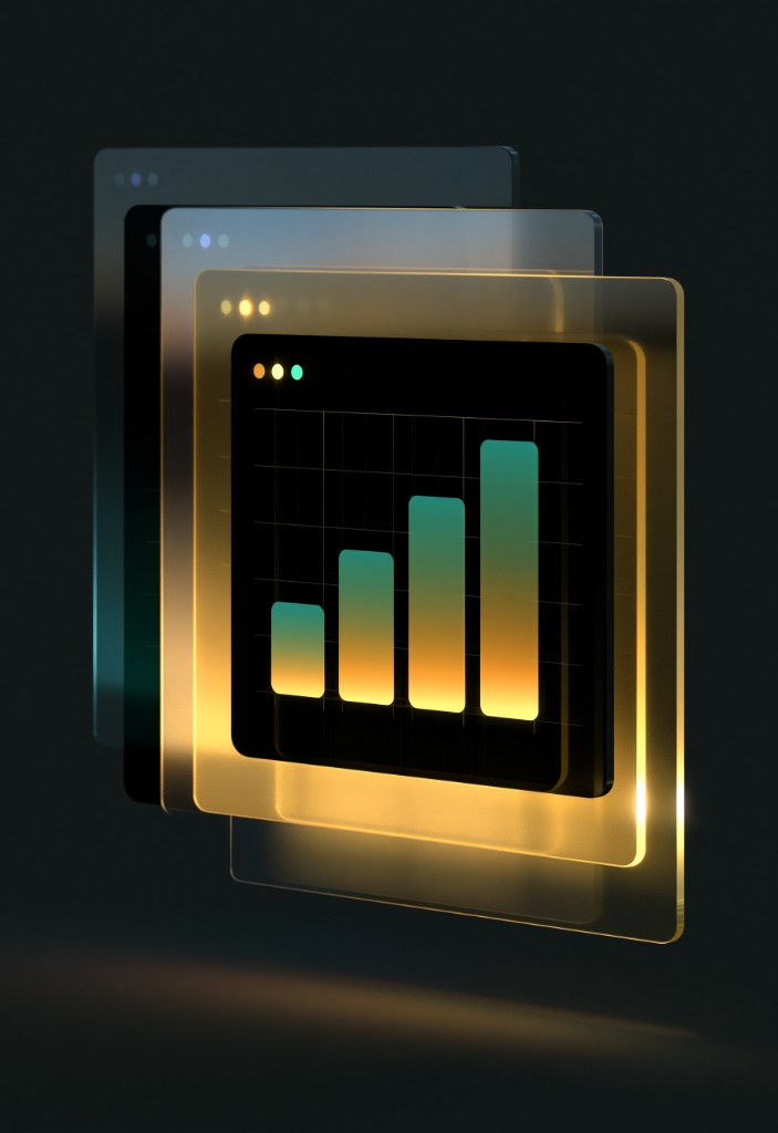 Layered dashboard panels with a rising bar chart showing adoption progress