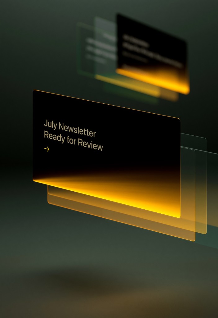 Floating translucent cards with a newsletter ready for human review