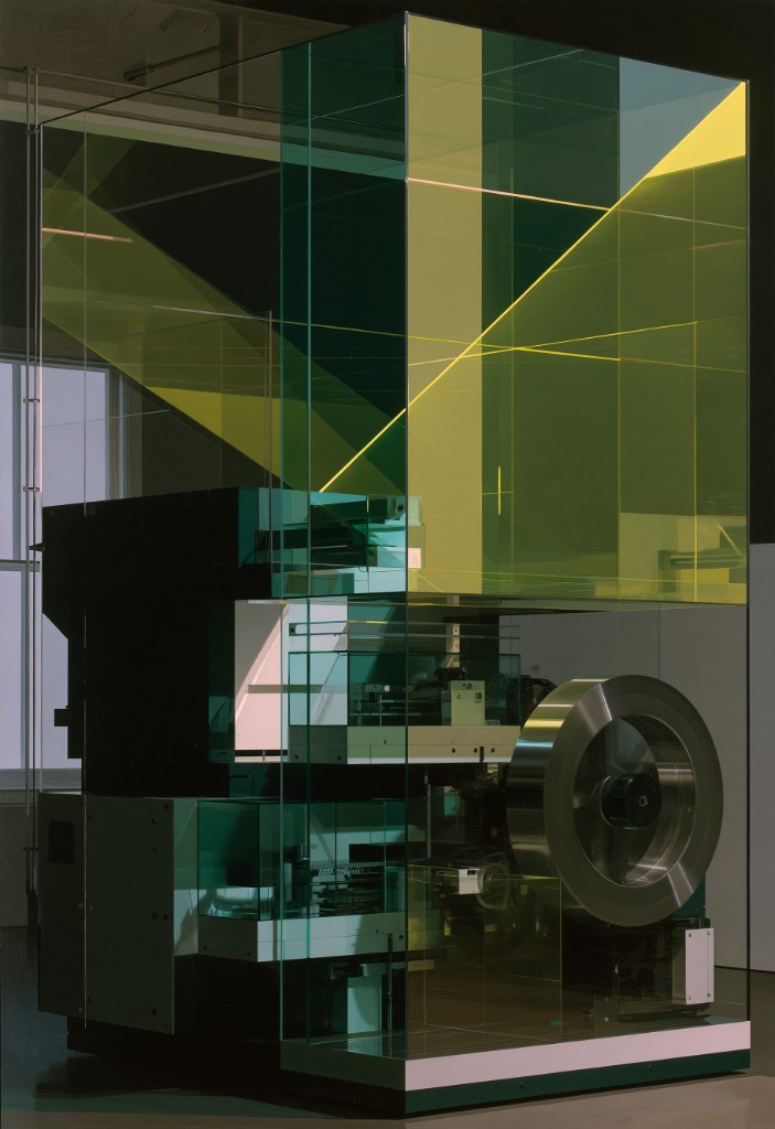 Layered glass and mechanical components representing a complex content operations system