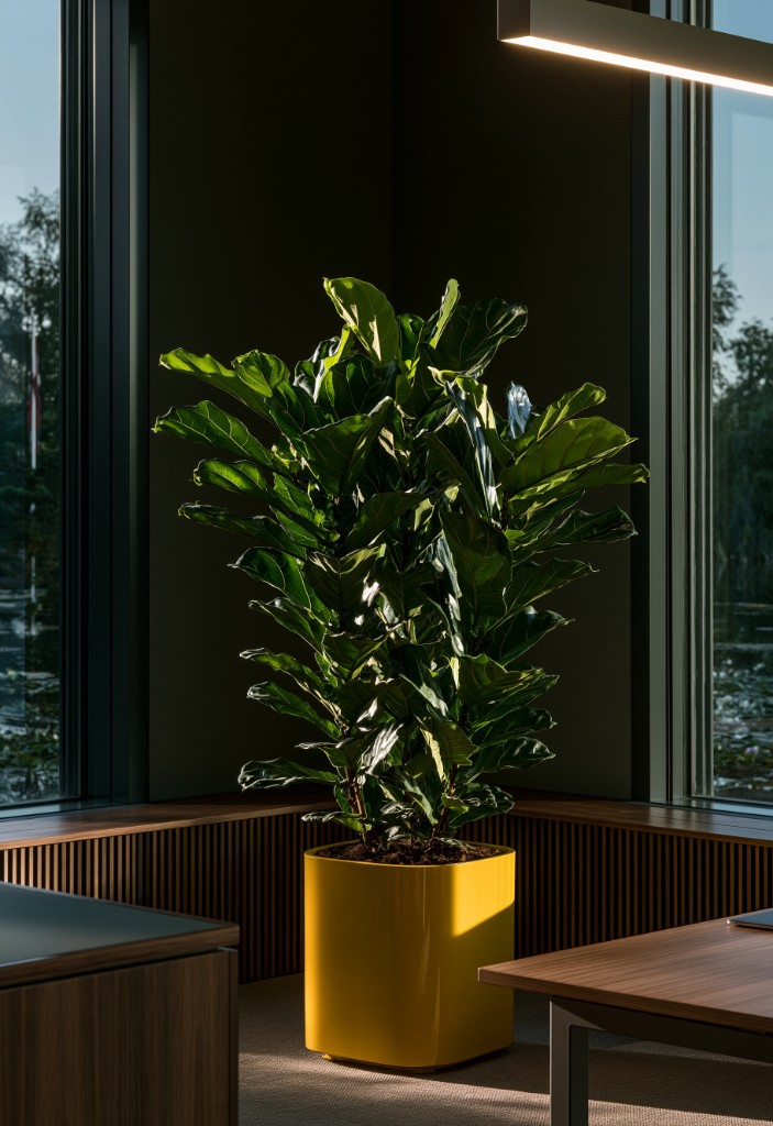 Large fiddle leaf fig in a bright yellow planter in a modern office