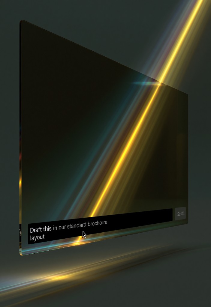 Floating interface panel with a prompt to draft content in a standard brochure layout