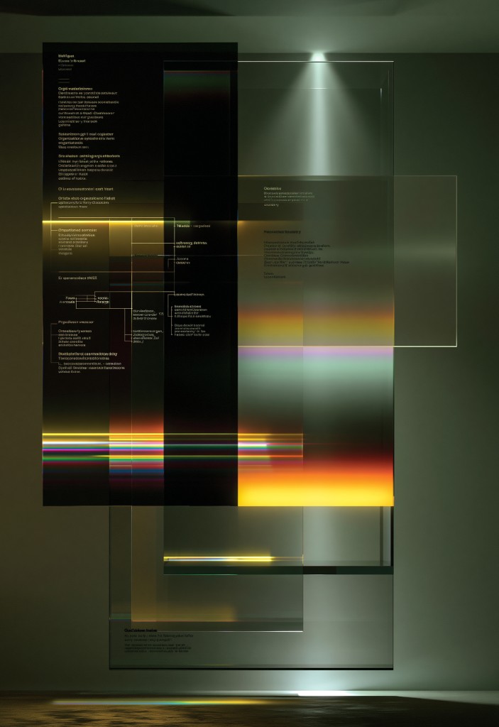 Layered translucent panels with structured content diagrams and prismatic light