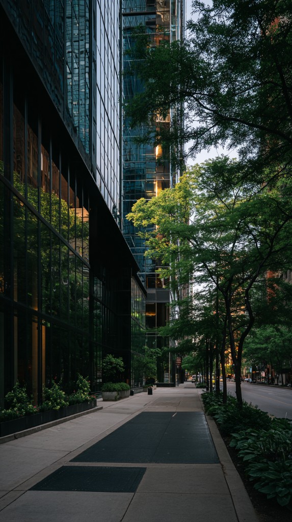 Tree-lined city sidewalk beside modern glass office buildings