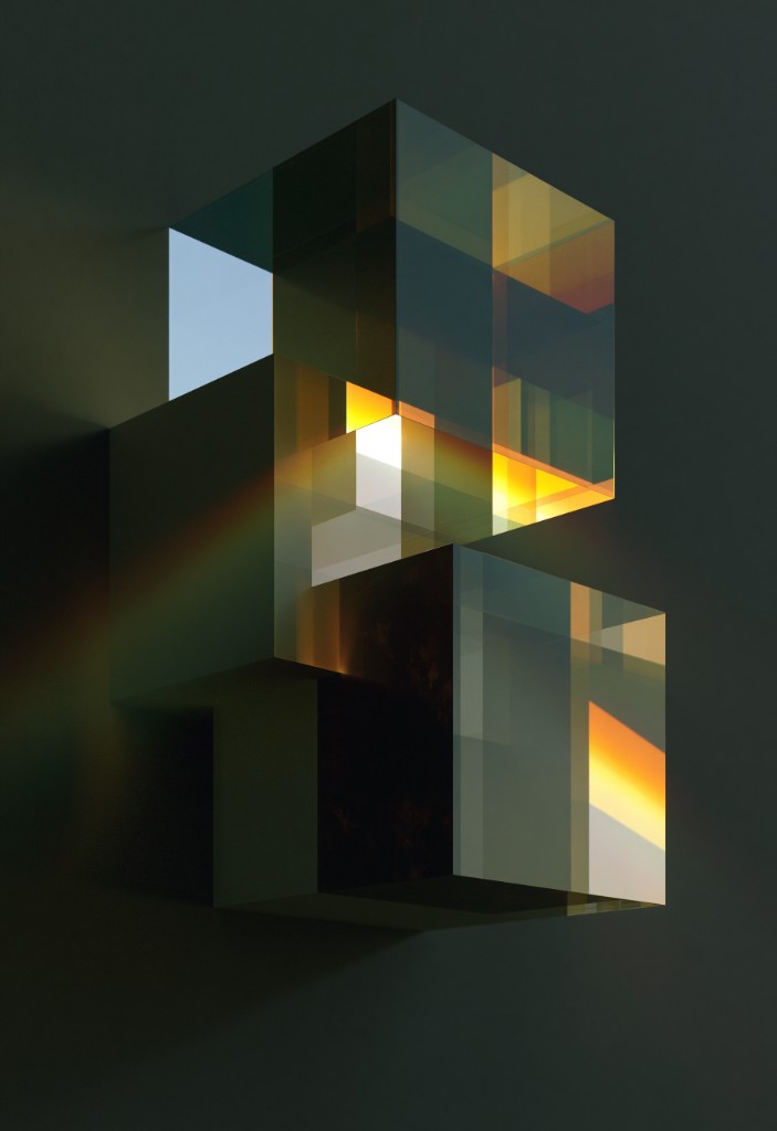Abstract glass and stone cubes with prismatic light
