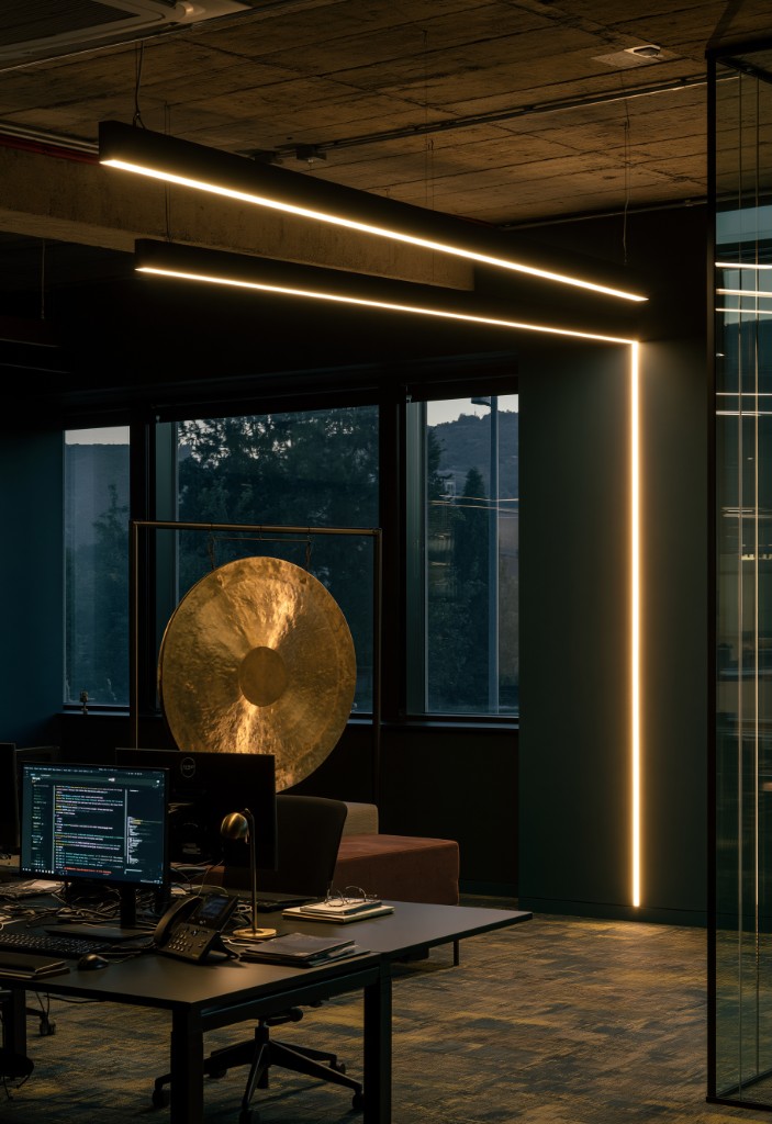 Brass gong in a modern office at dusk