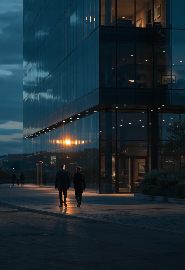 Two professionals walking toward a glass office building at dusk