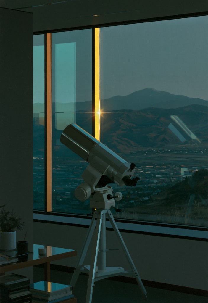 Telescope on a tripod facing a twilight mountain view from an office window