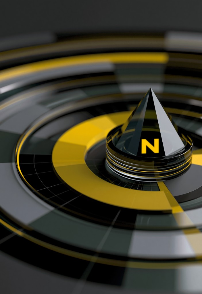 Stylized compass dial with a north indicator on concentric rings