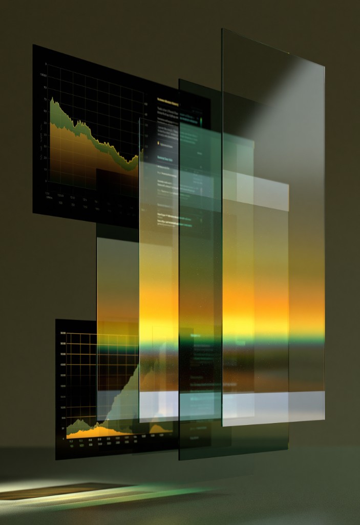 Layered translucent panels with charts and data visualizations