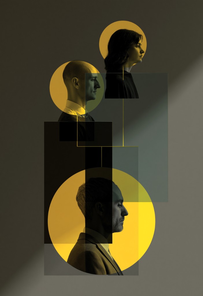 Three professionals connected by lines in an abstract org chart composition