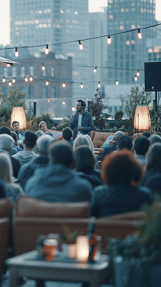 Presenter speaking to an audience at an outdoor evening event