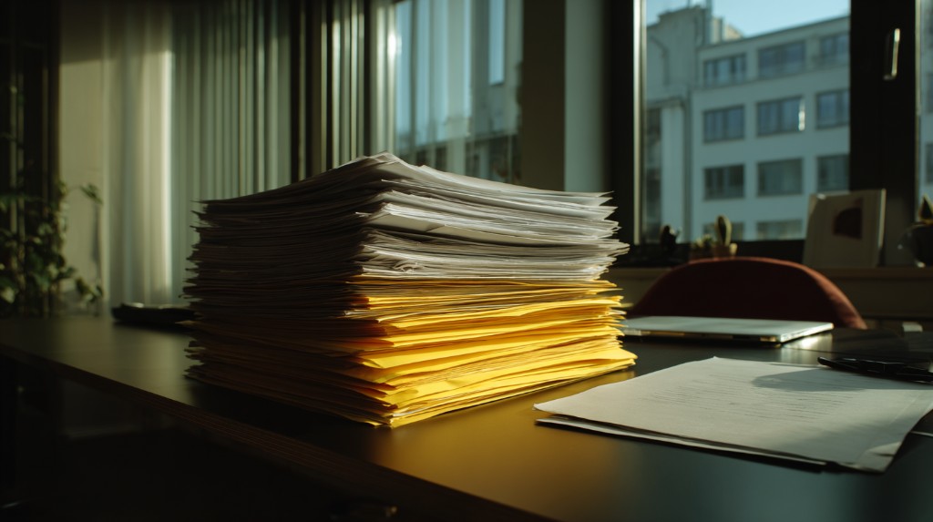 Stack of proposal documents and folders on an office desk