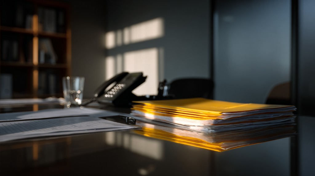 Yellow file folders and a business form on a polished office desk