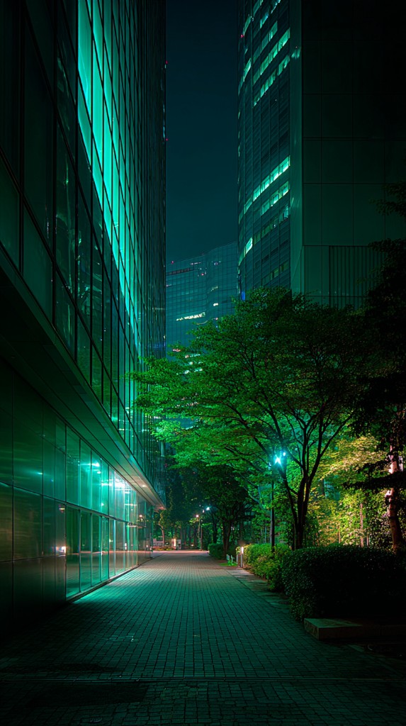 Nighttime city walkway between glass office towers with green light