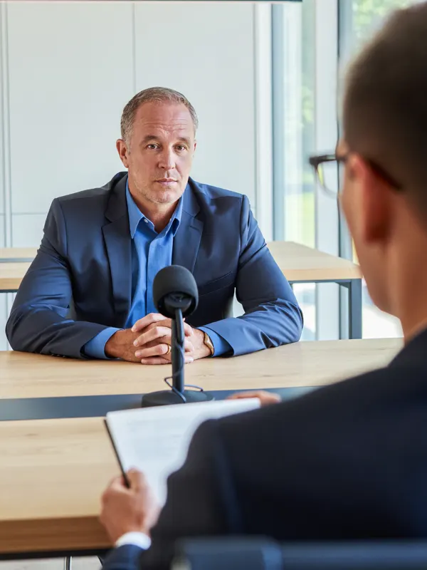 A producer interviewing an engineer across a table